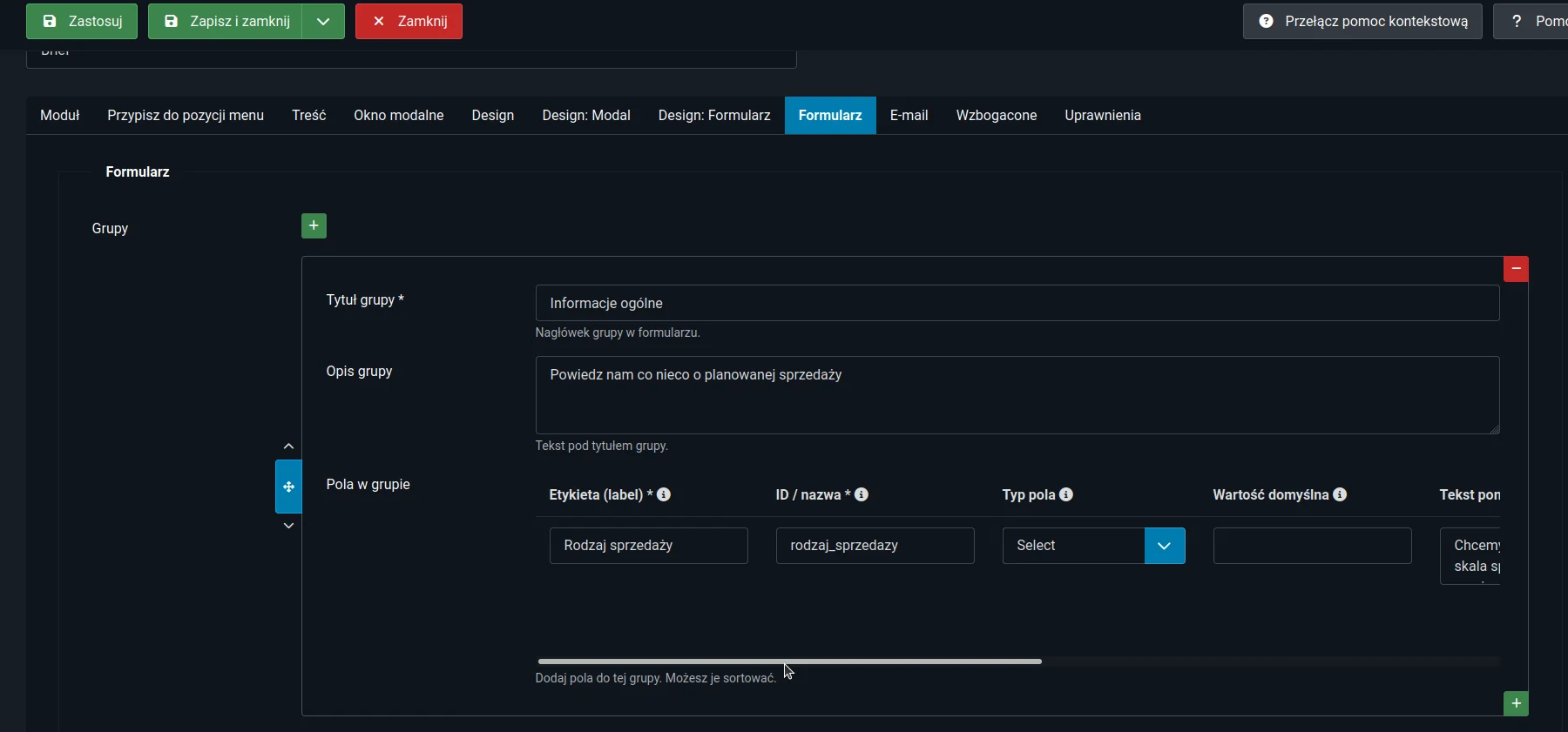 Screen: serce modułu - zakładka "Formularz"