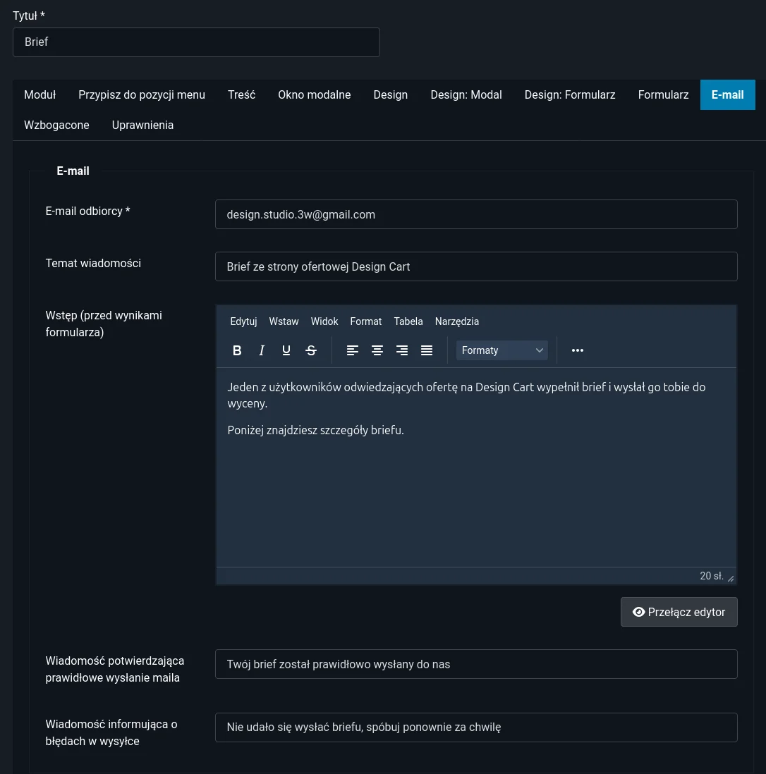 Screen: konfiguracja zakładki "E-mail"