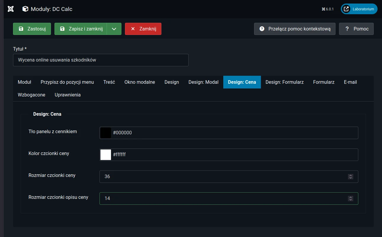 Screen: Konfiguracja wyglądu ceny: rozmiar, kolor, format oraz animacja wartości, która reaguje na wybory użytkownika w czasie rzeczywistym.
