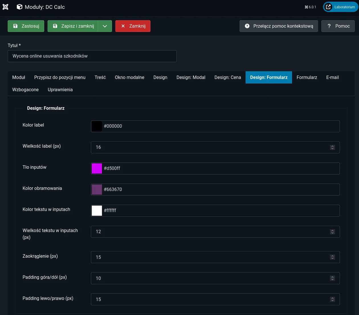 Screen: Personalizacja formularza wyceny: kolory pól, etykiety, opisy, odstępy oraz teksty przycisków – wszystko dopasowane do identyfikacji wizualnej strony.
