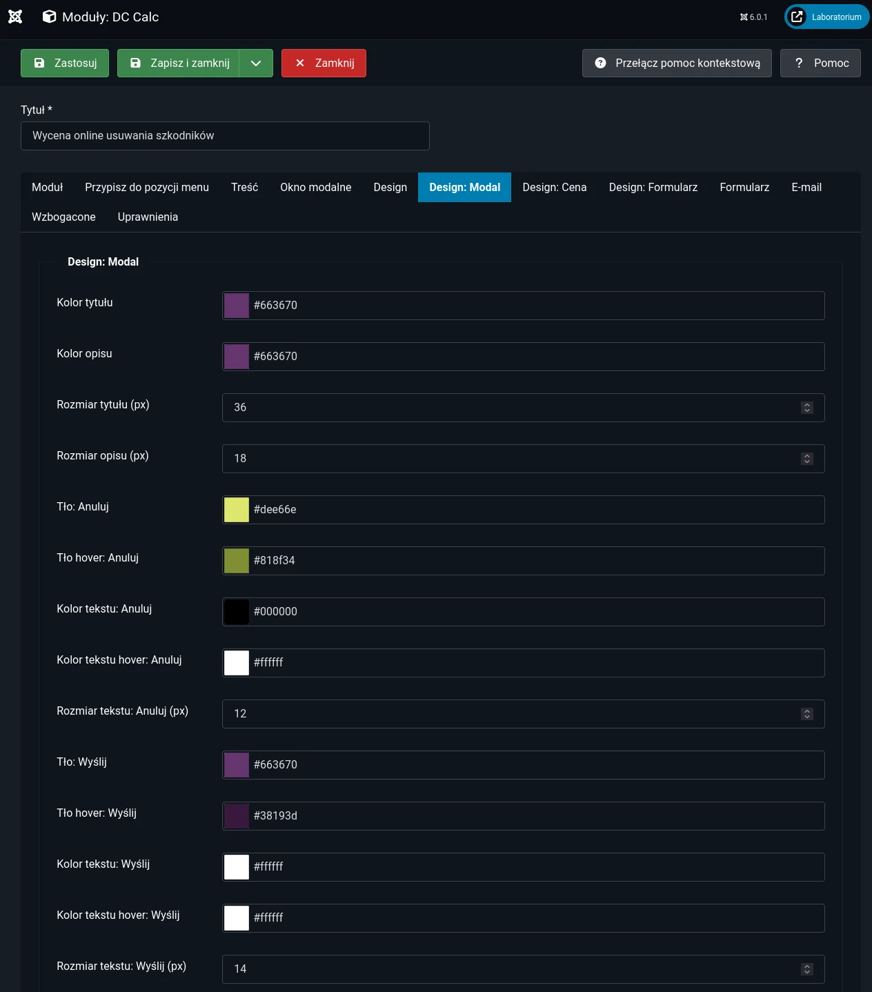 Screen: Ustawienia wyglądu okna modalnego – styl popupu, przyciski akcji, tło i typografia zapewniają spójne i nowoczesne doświadczenie użytkownika.