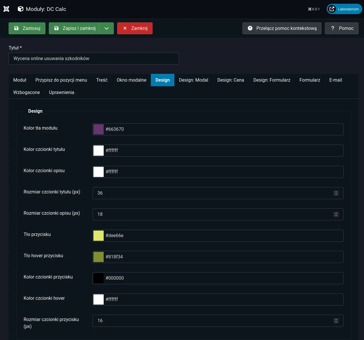 Screen: Globalne ustawienia wyglądu modułu DC Calc – pełna kontrola nad kolorystyką, typografią i stylistyką całego mechanizmu wyceny.