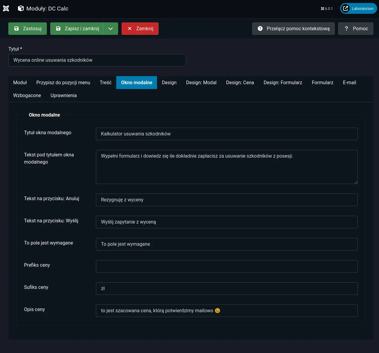 Screen: Przykład formularza wyceny wyświetlanego w oknie modalnym – czysta forma, pełna czytelność i skupienie użytkownika na konfiguracji usługi.