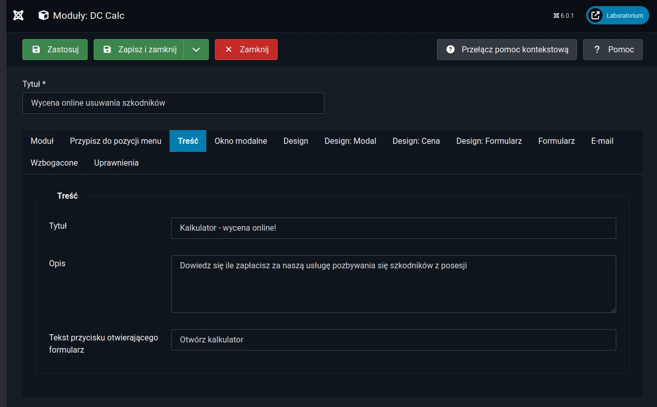 Screen: Zarządzanie treściami i komunikatami – własne teksty błędów, komunikaty sukcesu oraz opisy, które prowadzą użytkownika przez proces wyceny.