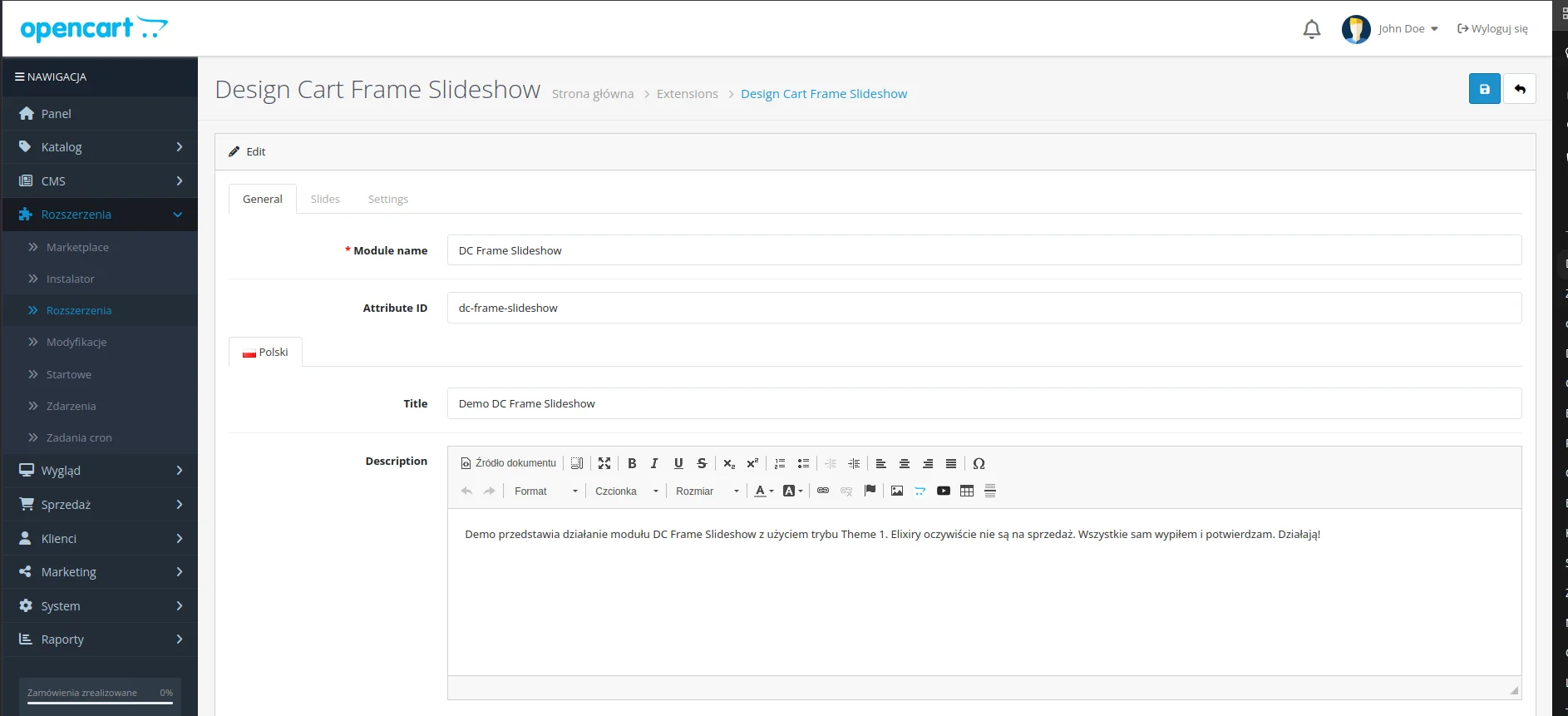 Screen: Zakładka istawień "General"