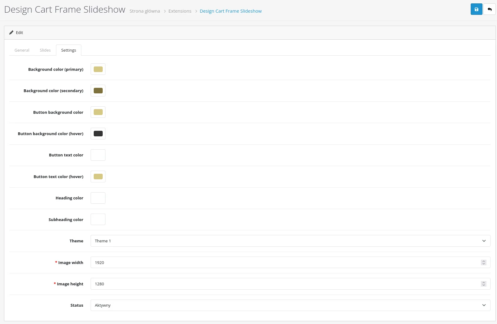Screen: Zakładka istawień "Settings"