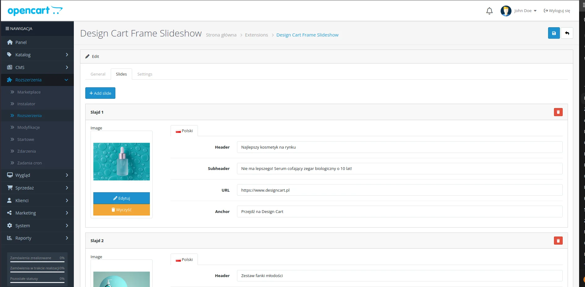 Screen: Zakładka istawień "Slides"