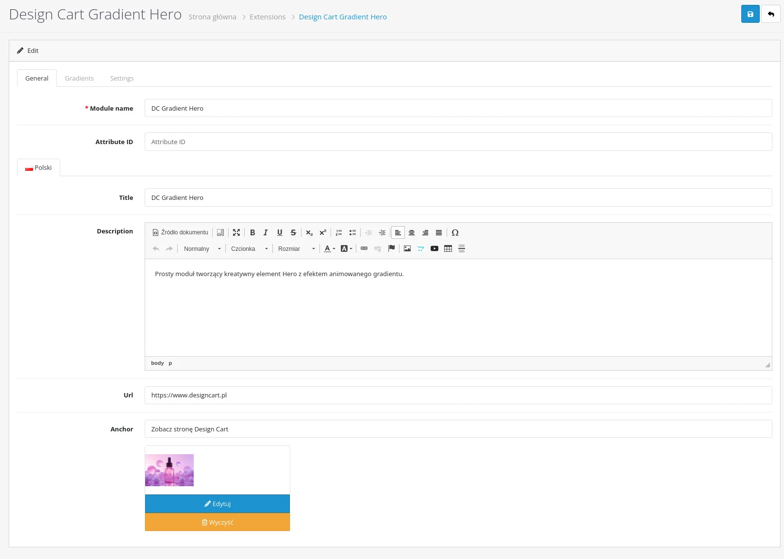 Screen: ustawienia modułu, zakładka "General"