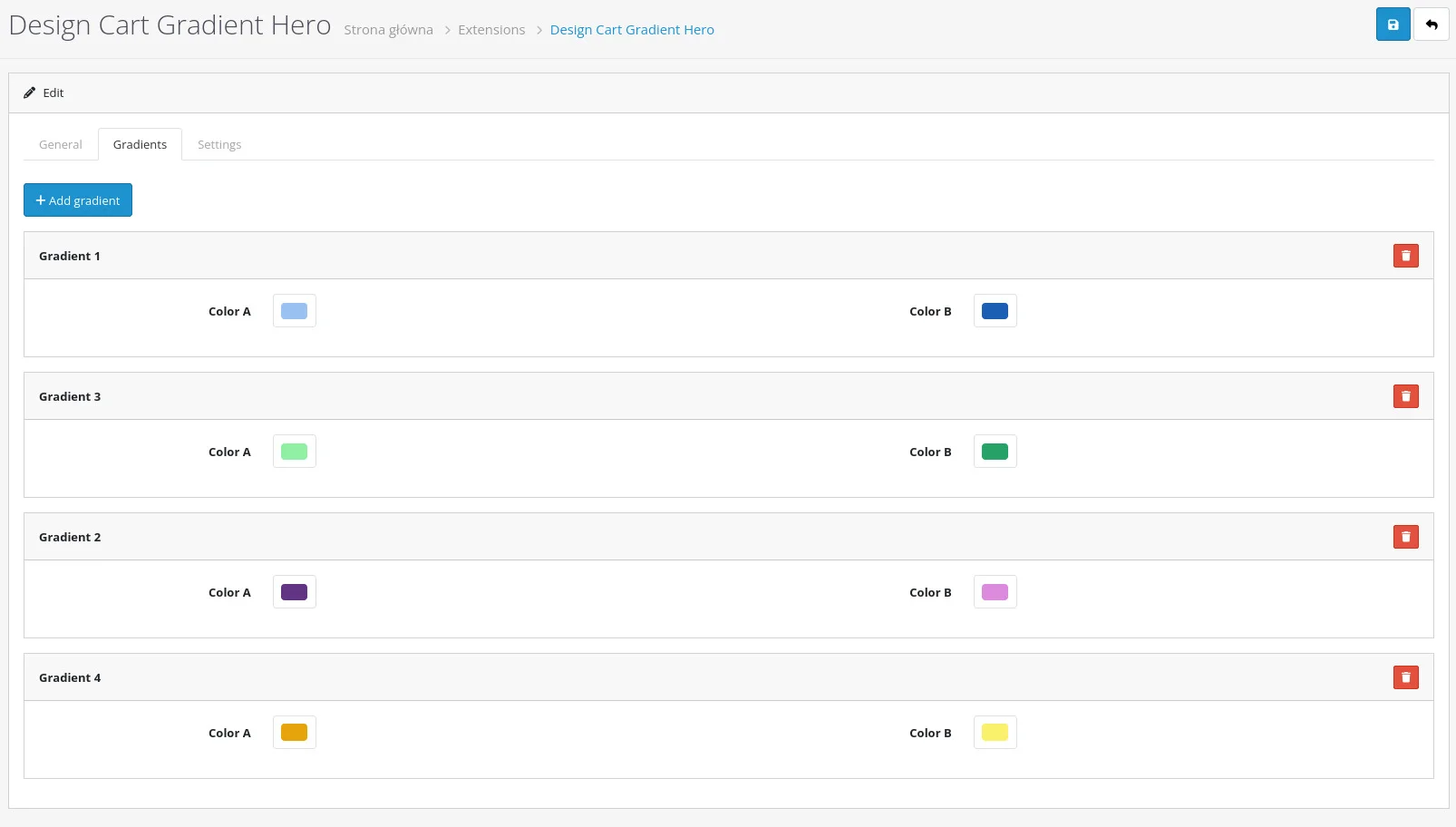 Screen: ustawienia modułu, zakładka "Gradients"