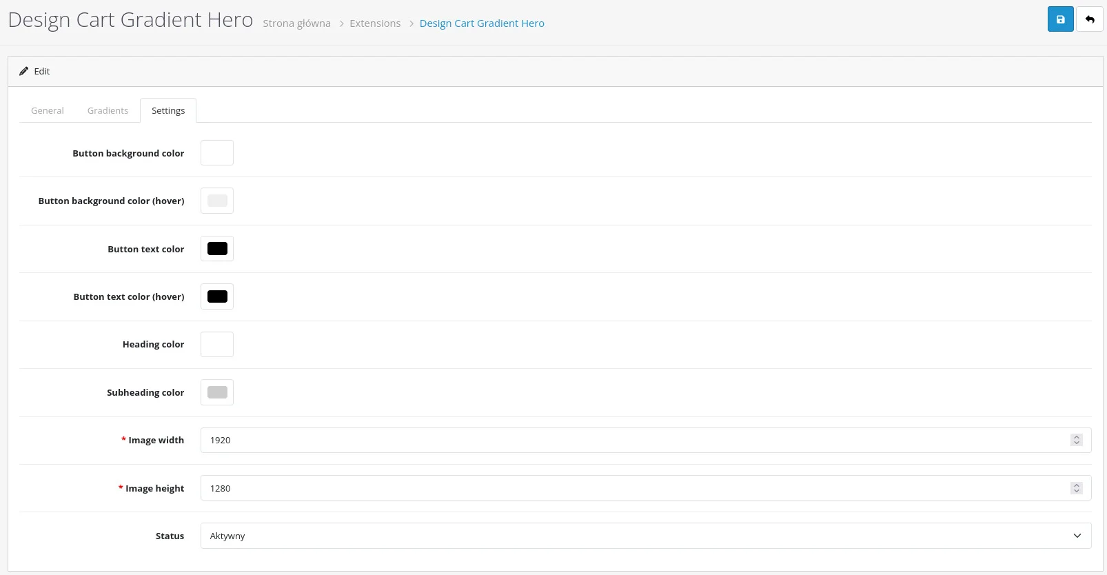 Screen: ustawienia modułu, zakładka "Settings"