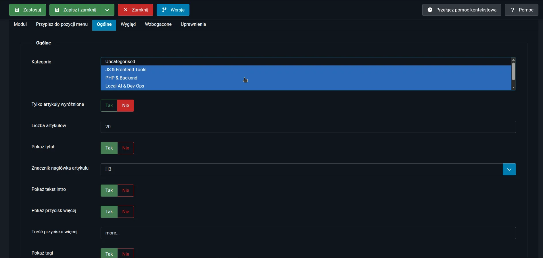 Screen: zakładka z ustawieniami "Ogólne"