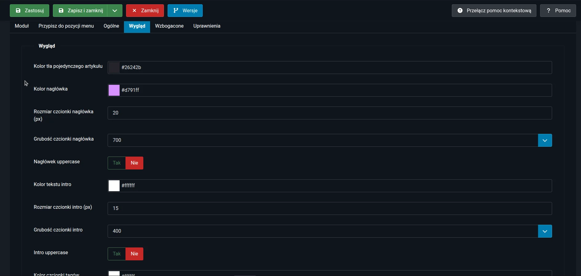 Screen: zakładka z ustawieniami "Wygląd"
