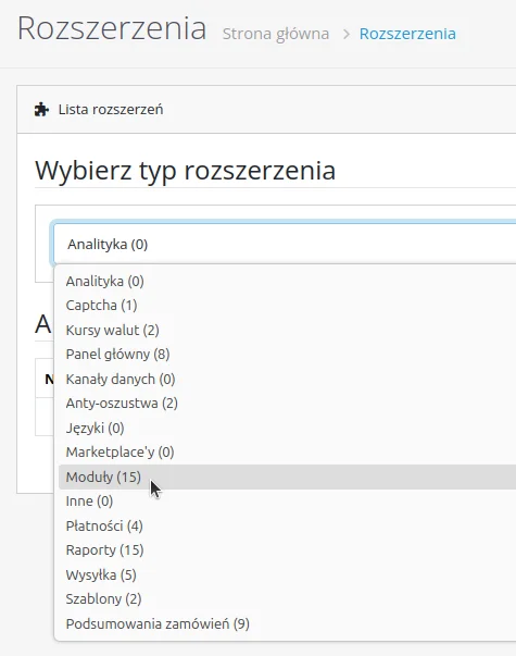 Lista wyboru typu modułów