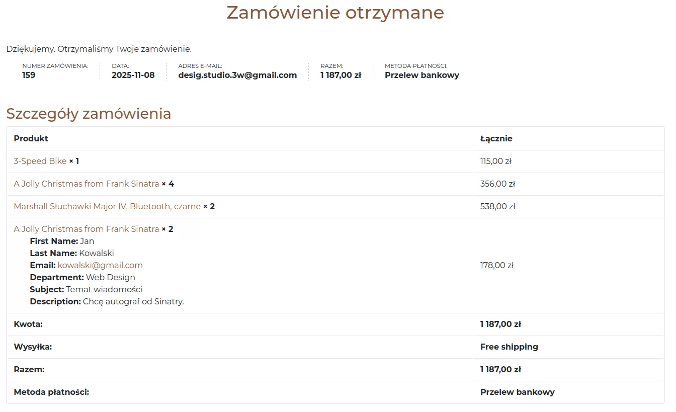 Podgląda zbieranych danych w podsumowaniu zamówienia