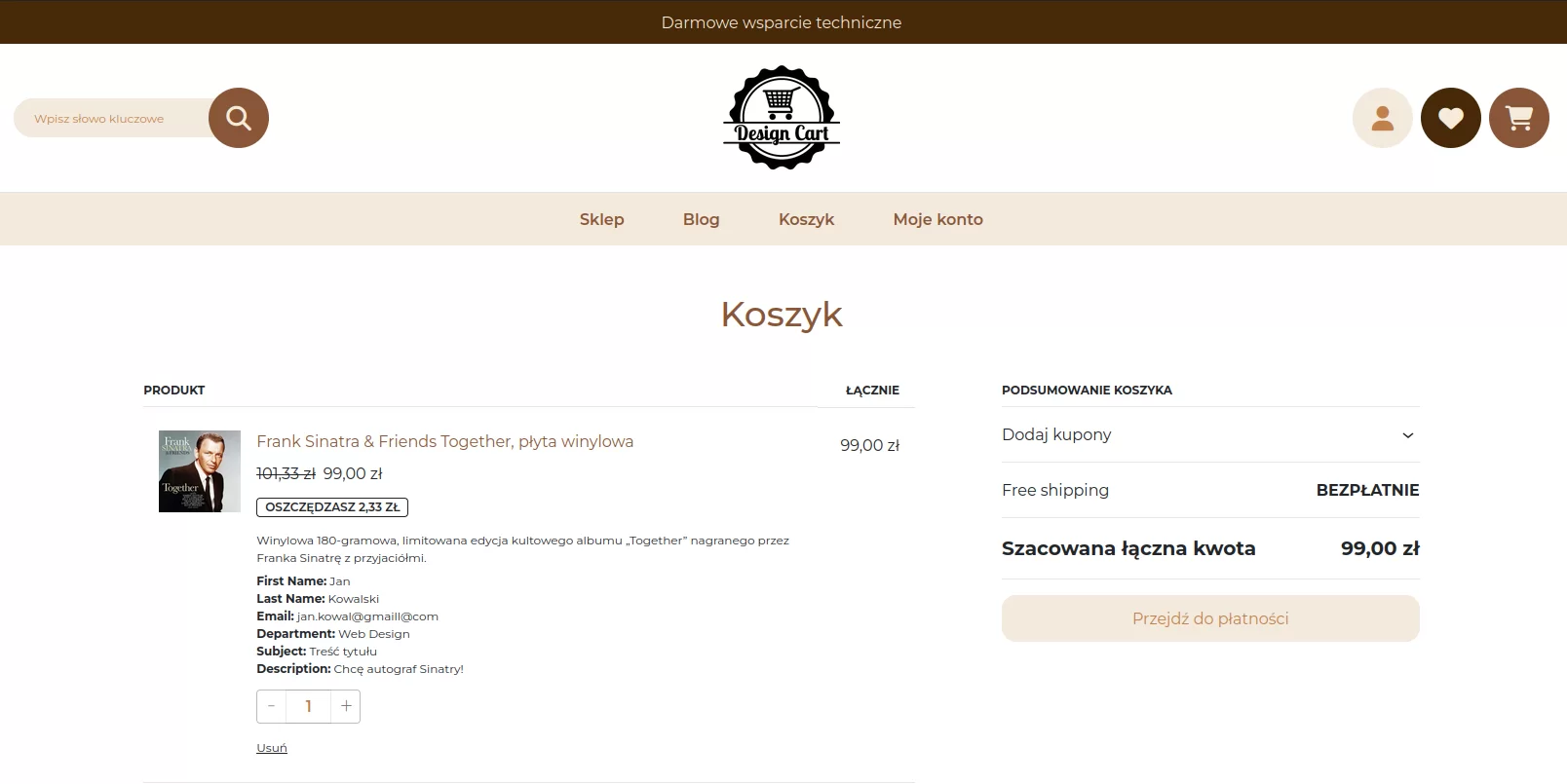 Widok zebranych danych w koszyku