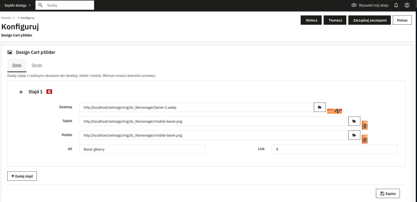 Screen: widok slajdów w panelu konfiguracyjnym