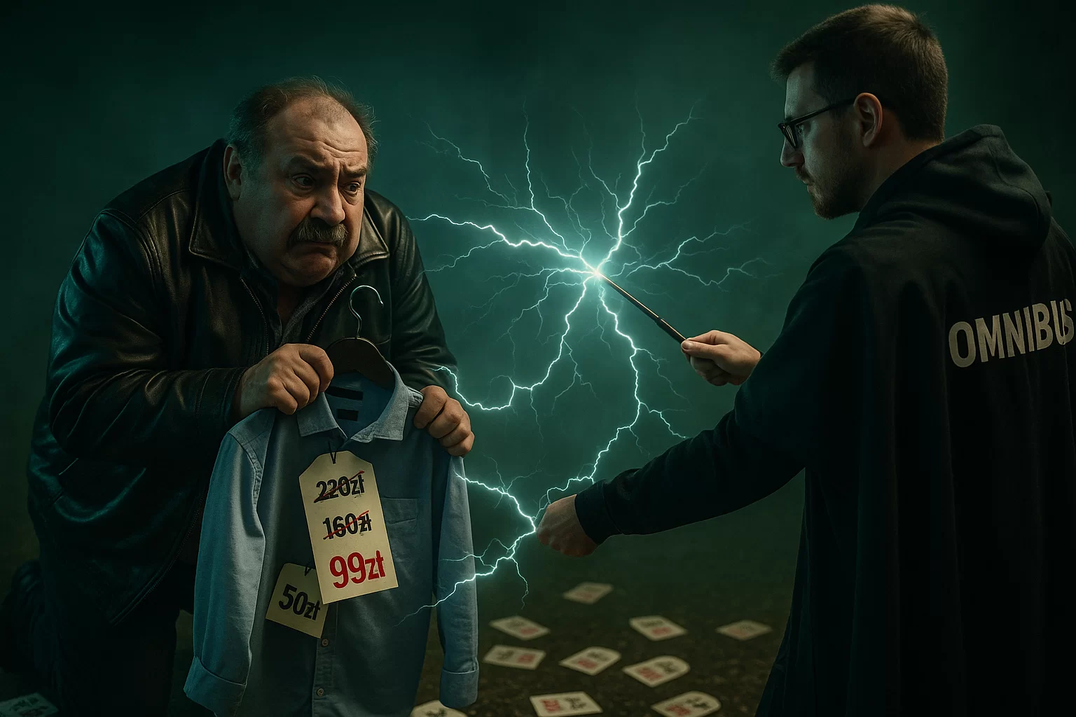 Wygeneruj zdjecie full realistyczne. Rozmiar 1500px na 1000px. Po lewej stronie jest cwany janusz, gruby, z wąsem, w skórzanej kurtce. Kuli się ze strachu. W ręce trzyma wieszak z koszulą na którym jest etykieta z cenąpokazująca przekreśloną cenę 230zł, potem przekreśloną cenę 160zł, potem na czerwono cenę 99zł. Z za etykiety wystaje druga etykieta z ceną 50zł. Na ziemi wokół niego leży wiele takich etykiet. Janusz się kuli i boi. Po prawej stronie stoi informatyk który celuje w niego różdżką, na pelerynie ma napisane omnibus. Z różdżku wylatuje strumie” światła i piorunów w stronę janusza. Okalają go pioruny, nie może przez nie wstać ani się ruszać, dlatego się boi.