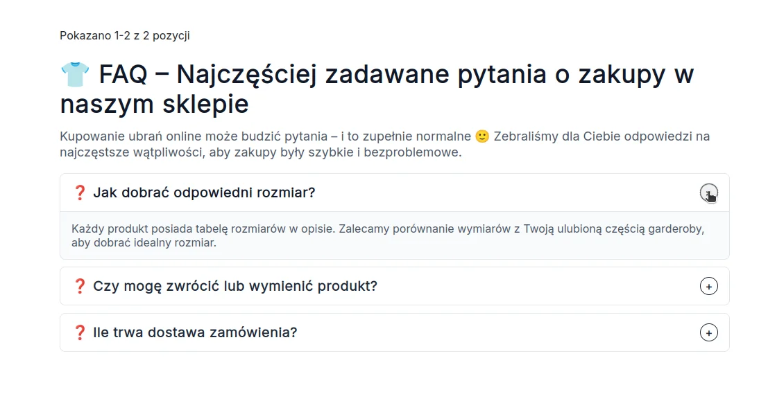 Screen: przykład działania modułu w sklepie internetowym odzieżowym 