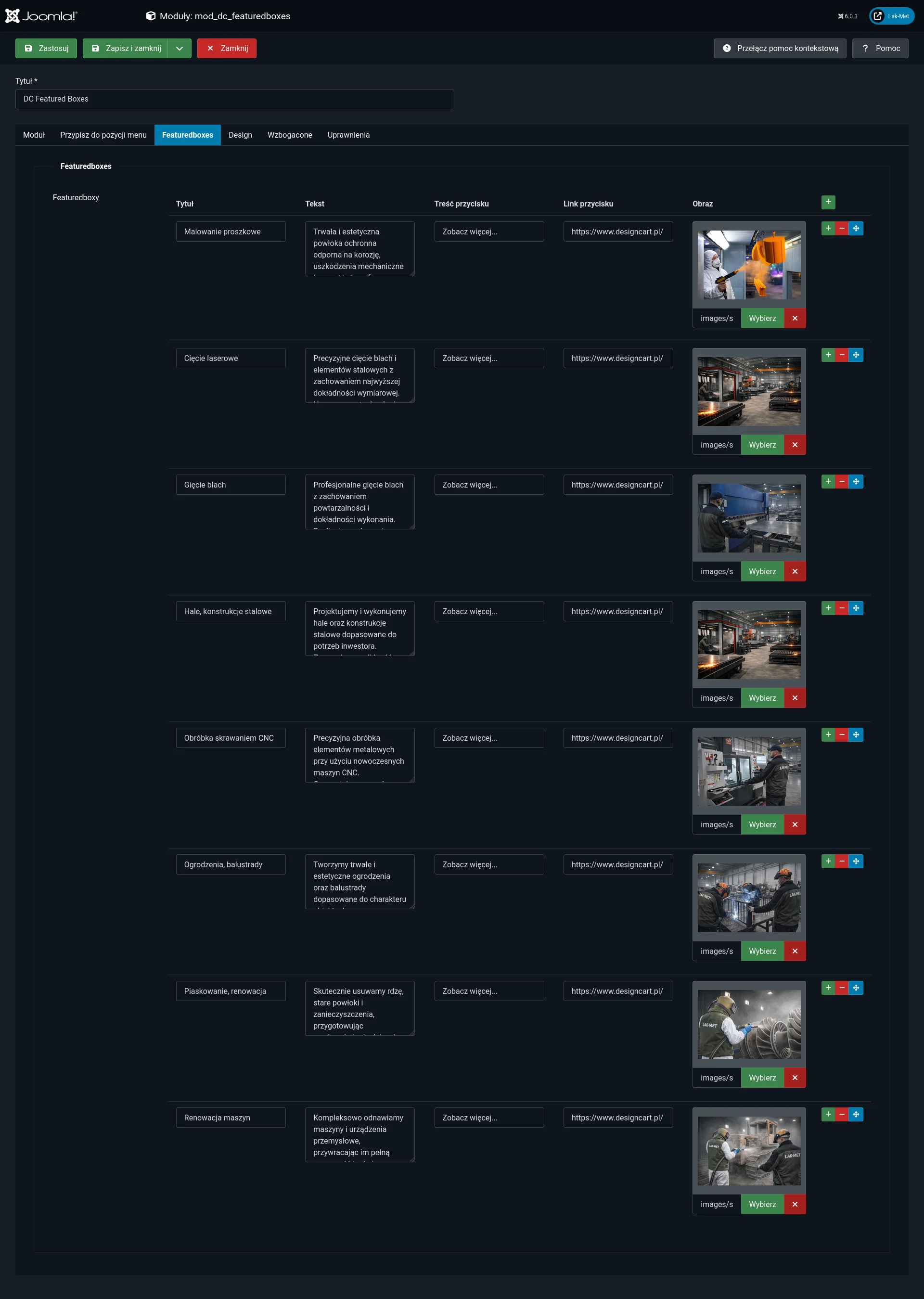 Screen: prezentacja listy featuredboxes w edycji modułu
