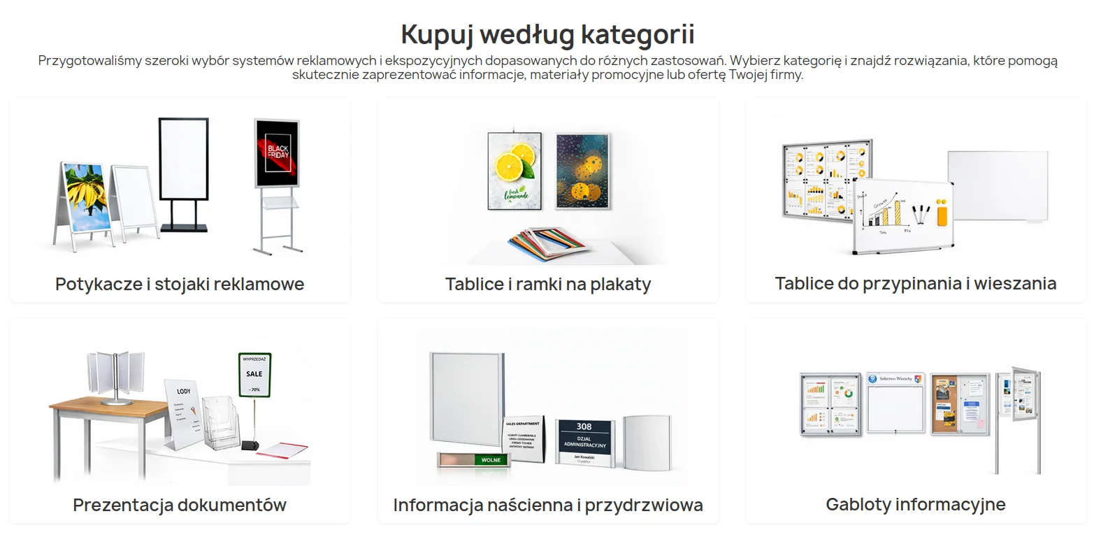 Screen: sekcja kategorii na stronie głównej na stronie z artykułami reklamowymi