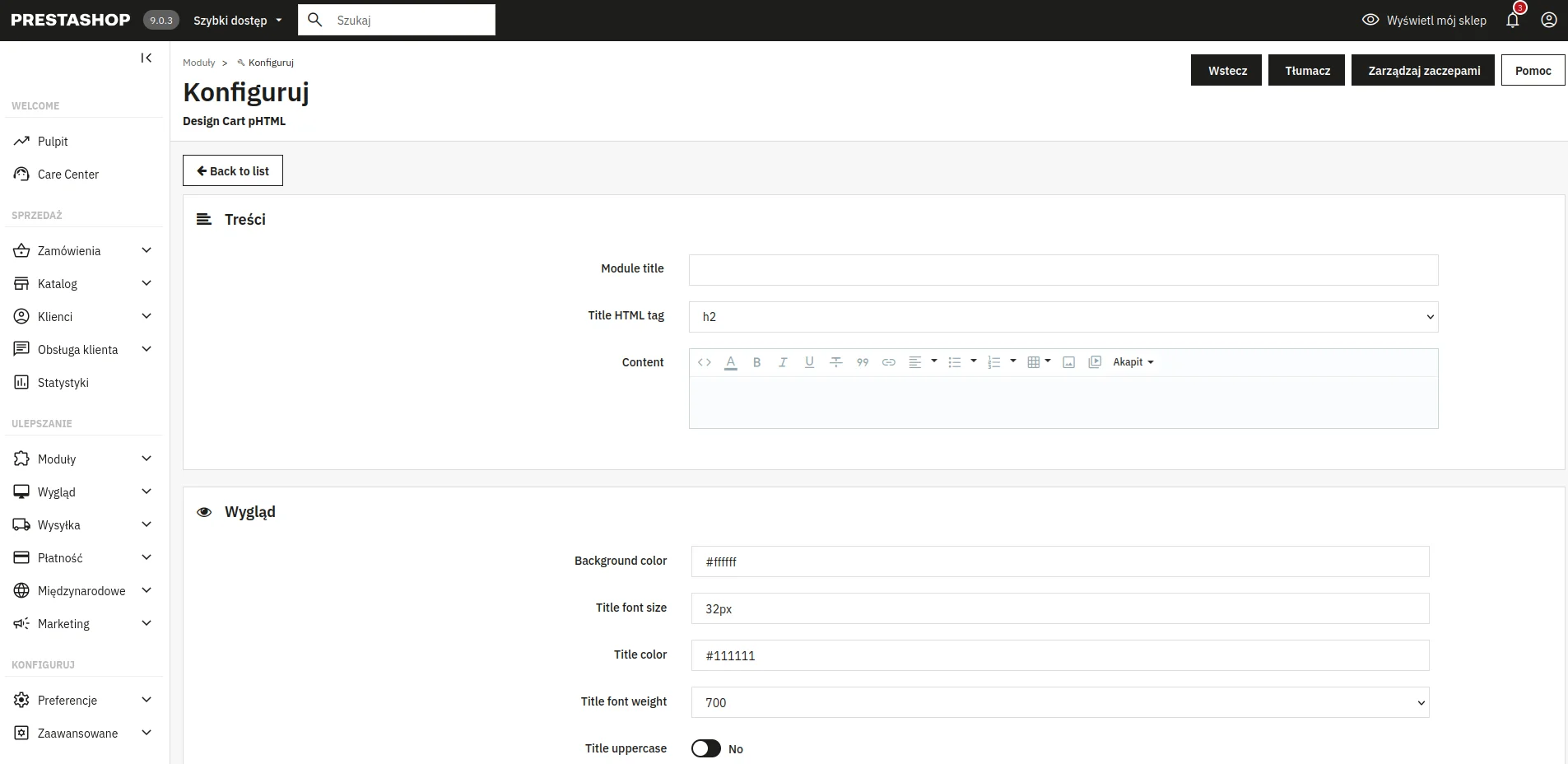 Screen: ustawienia modułu - dormularz dodawania bloku HTML