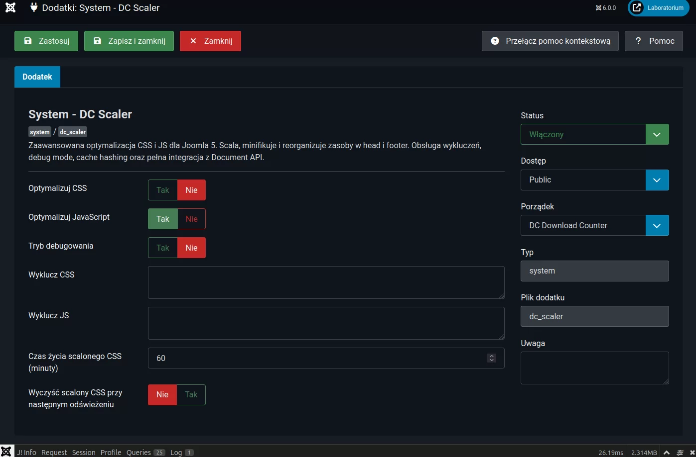 Panel zarządzania pluginem