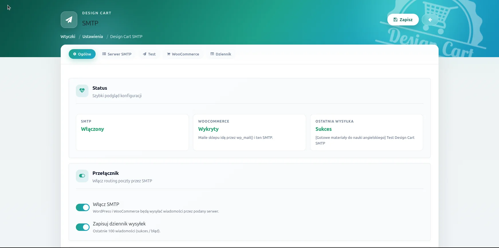 Screen: karta Ogólne wtyczki Design Cart SMTP — status SMTP, WooCommerce i ostatniej wysyłki oraz przełączniki Włącz SMTP i Zapisuj dziennik wysyłek