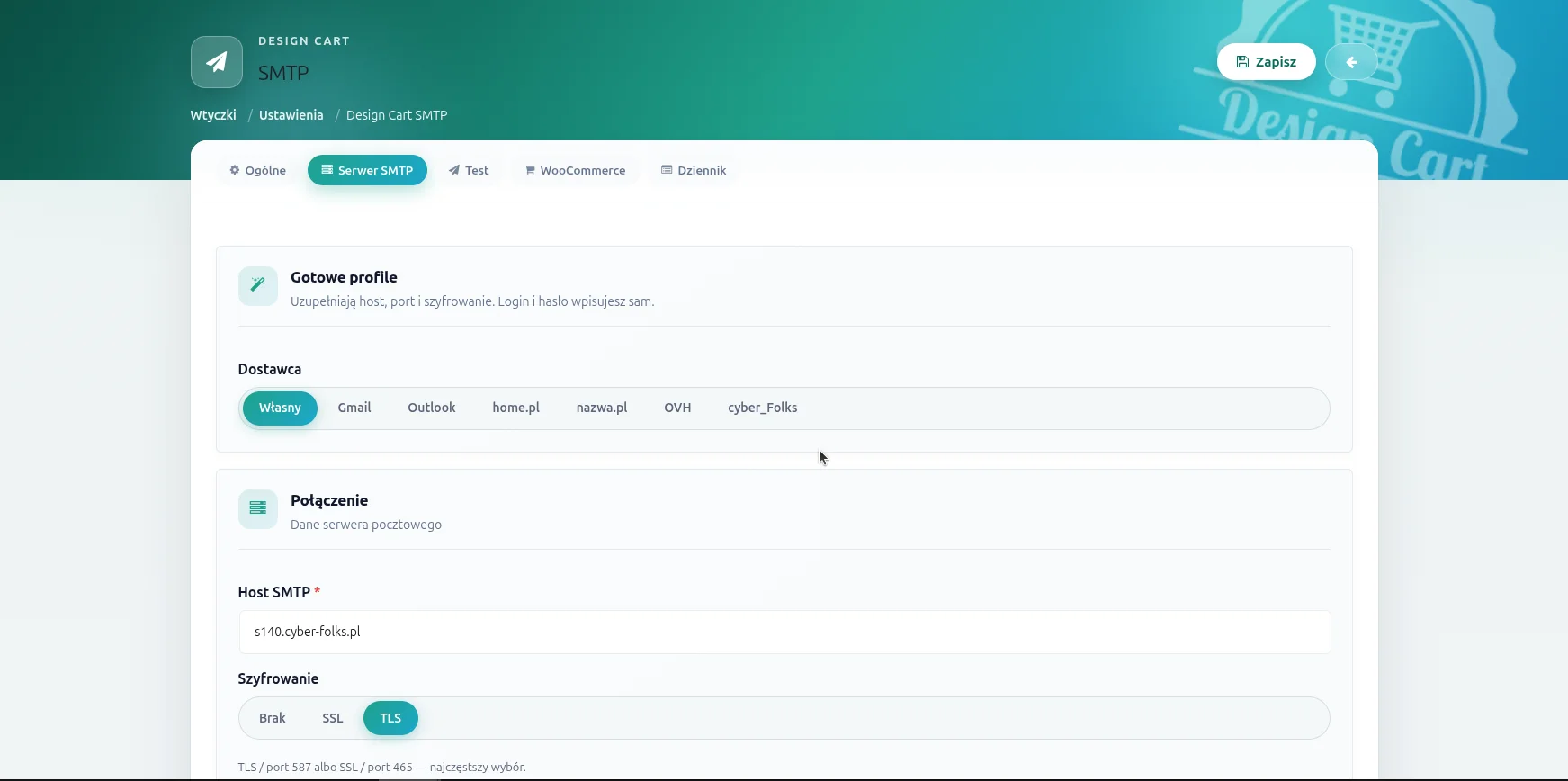 Screen: karta Serwer SMTP wtyczki Design Cart SMTP — gotowe profile dostawców (Własny, Gmail, Outlook, home.pl, nazwa.pl, OVH, cyber_Folks) oraz pola Host SMTP i Szyfrowanie TLS