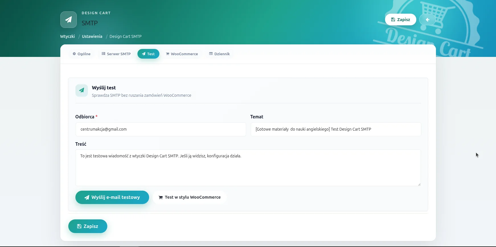 Screen: karta Test wtyczki Design Cart SMTP — pola Odbiorca, Temat i Treść oraz przyciski Wyślij e-mail testowy i Test w stylu WooCommerce