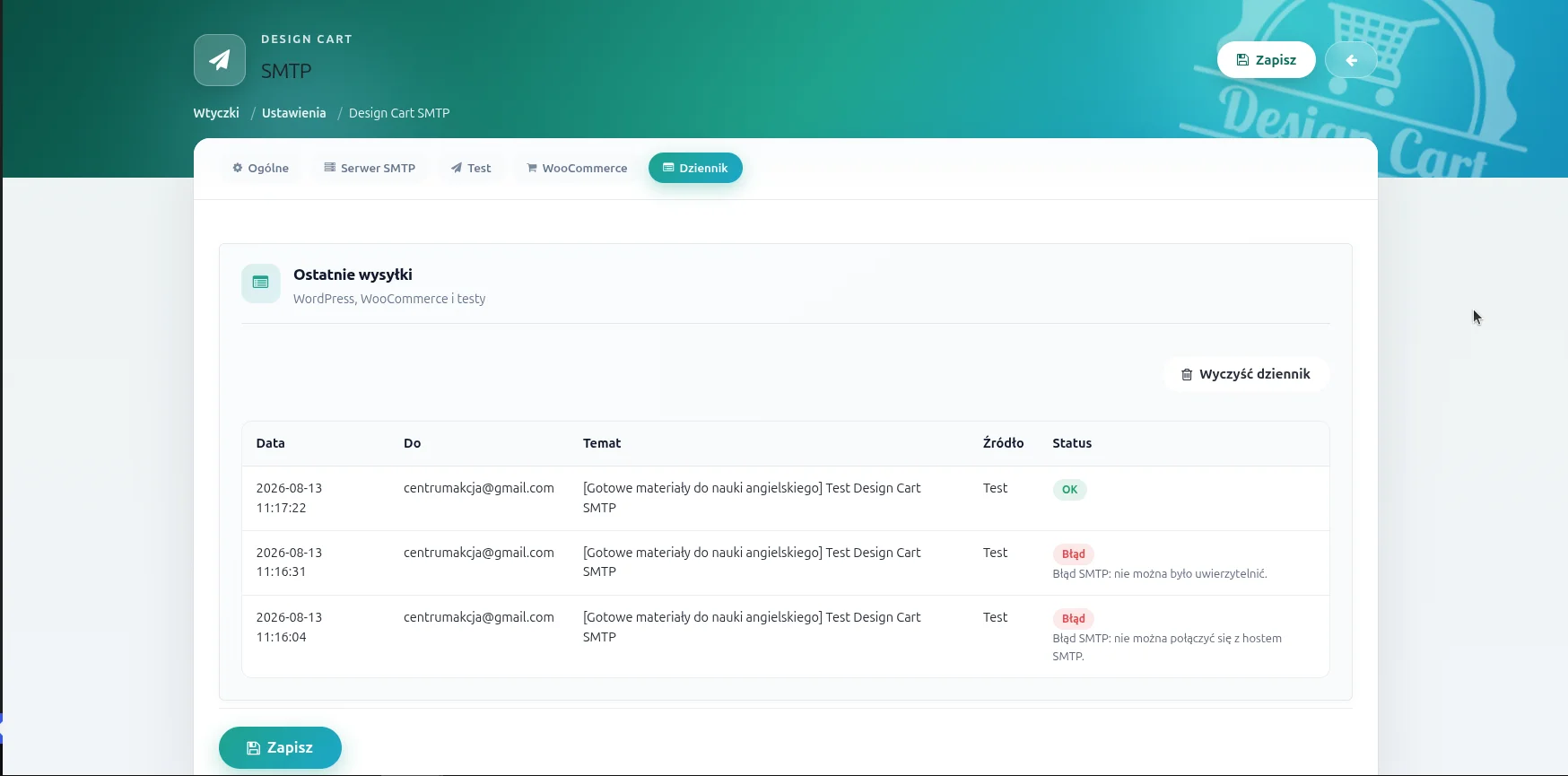 Screen: karta Dziennik wtyczki Design Cart SMTP — tabela ostatnich wysyłek z kolumnami Data, Do, Temat, Źródło i Status (OK oraz Błąd z komunikatem SMTP)