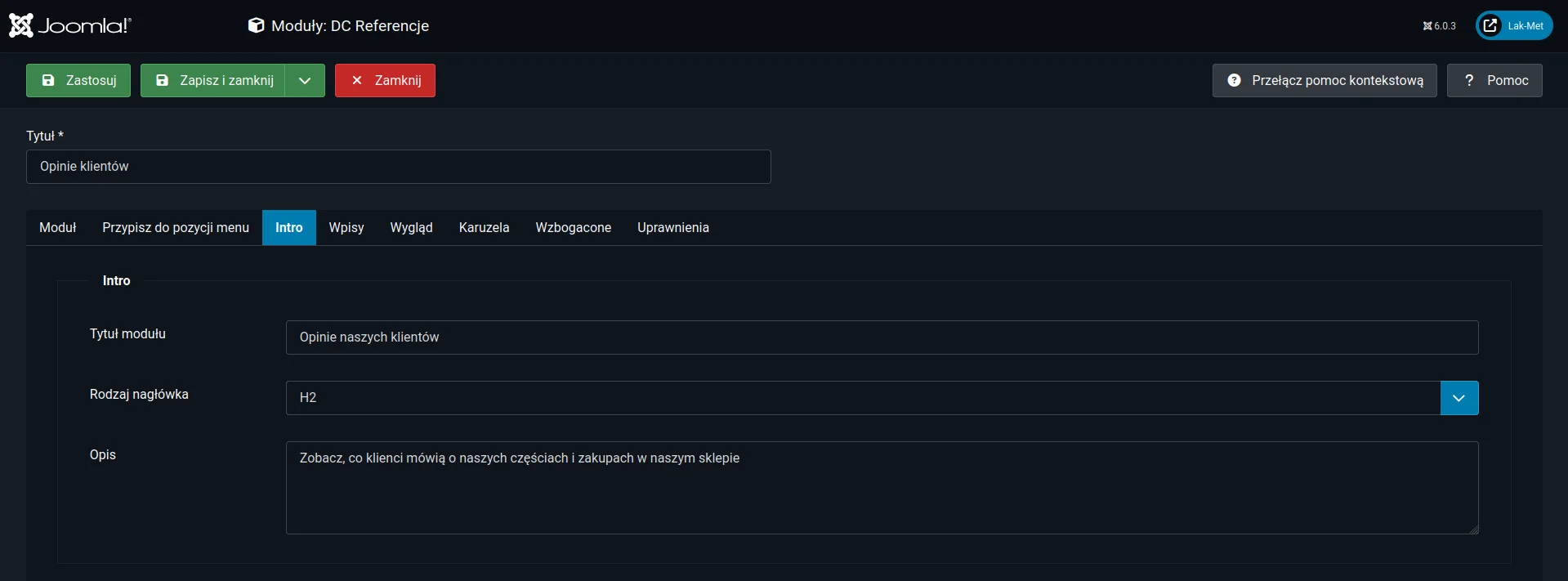 Screen: konfiguracja modułu zakładka "Intro"