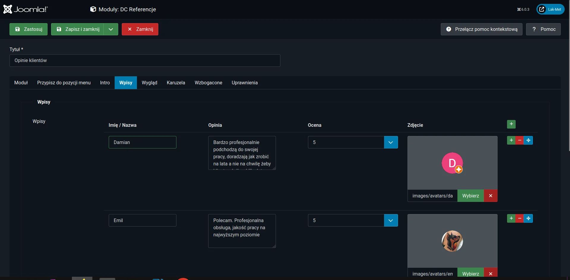 Screen: konfiguracja modułu zakładka "Opinie"