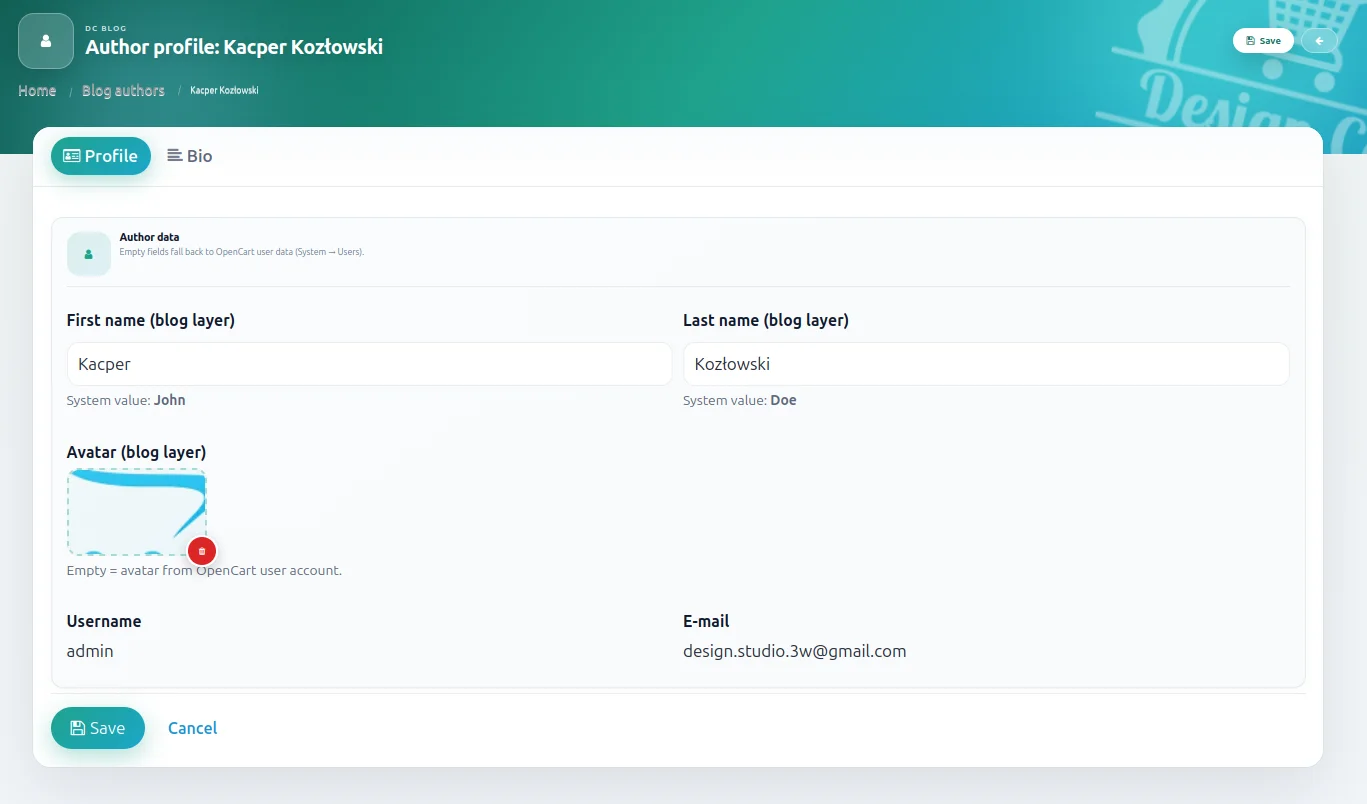 Screen:formularz edycji autora