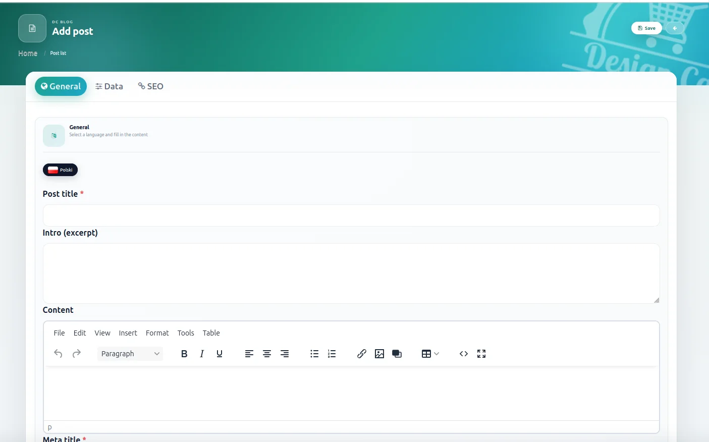 Screen: formularz dodawania postów