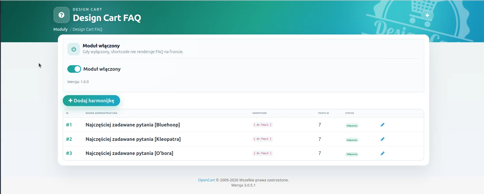 Screen: lista utworzonych FAQ