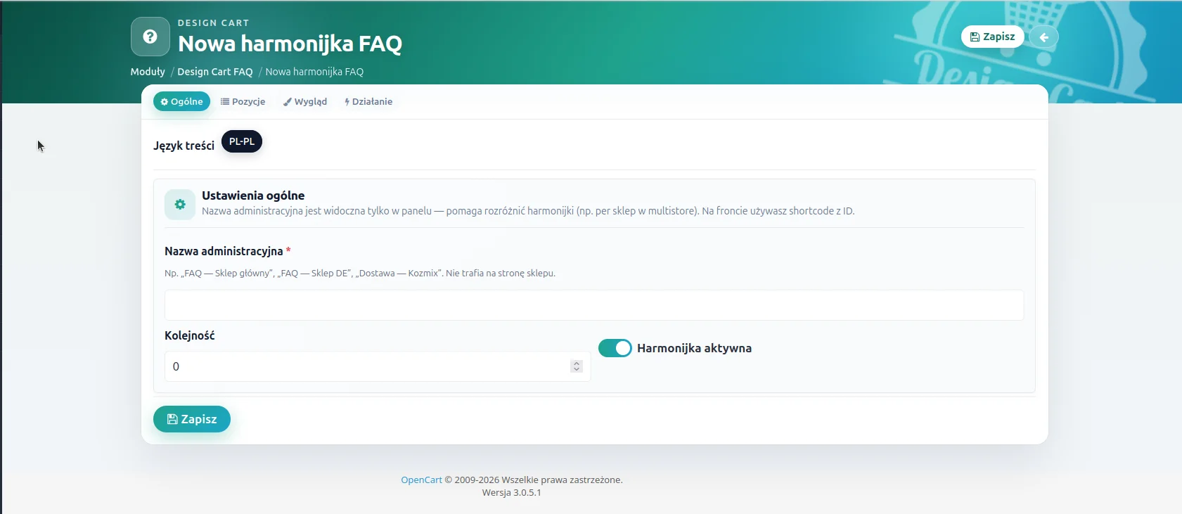 Screen: tworzenie FAQ - zakładka ogólne