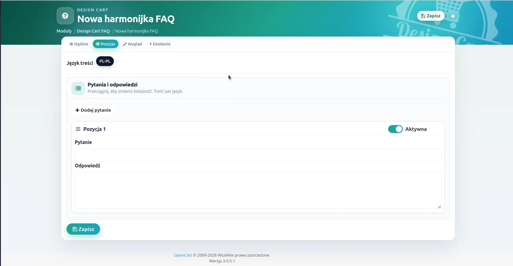 Screen: tworzenie FAQ - zakładka pozycje
