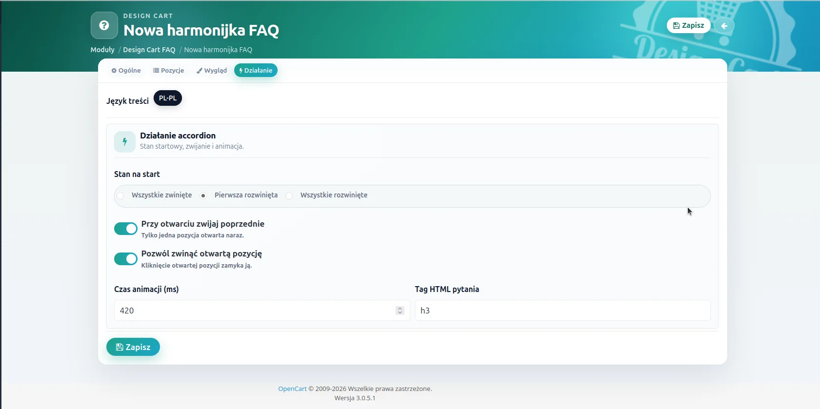 Screen: tworzenie FAQ - zakładka działanie