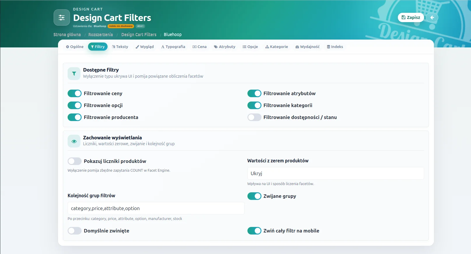 Screen: ustawienia filtrów w module 