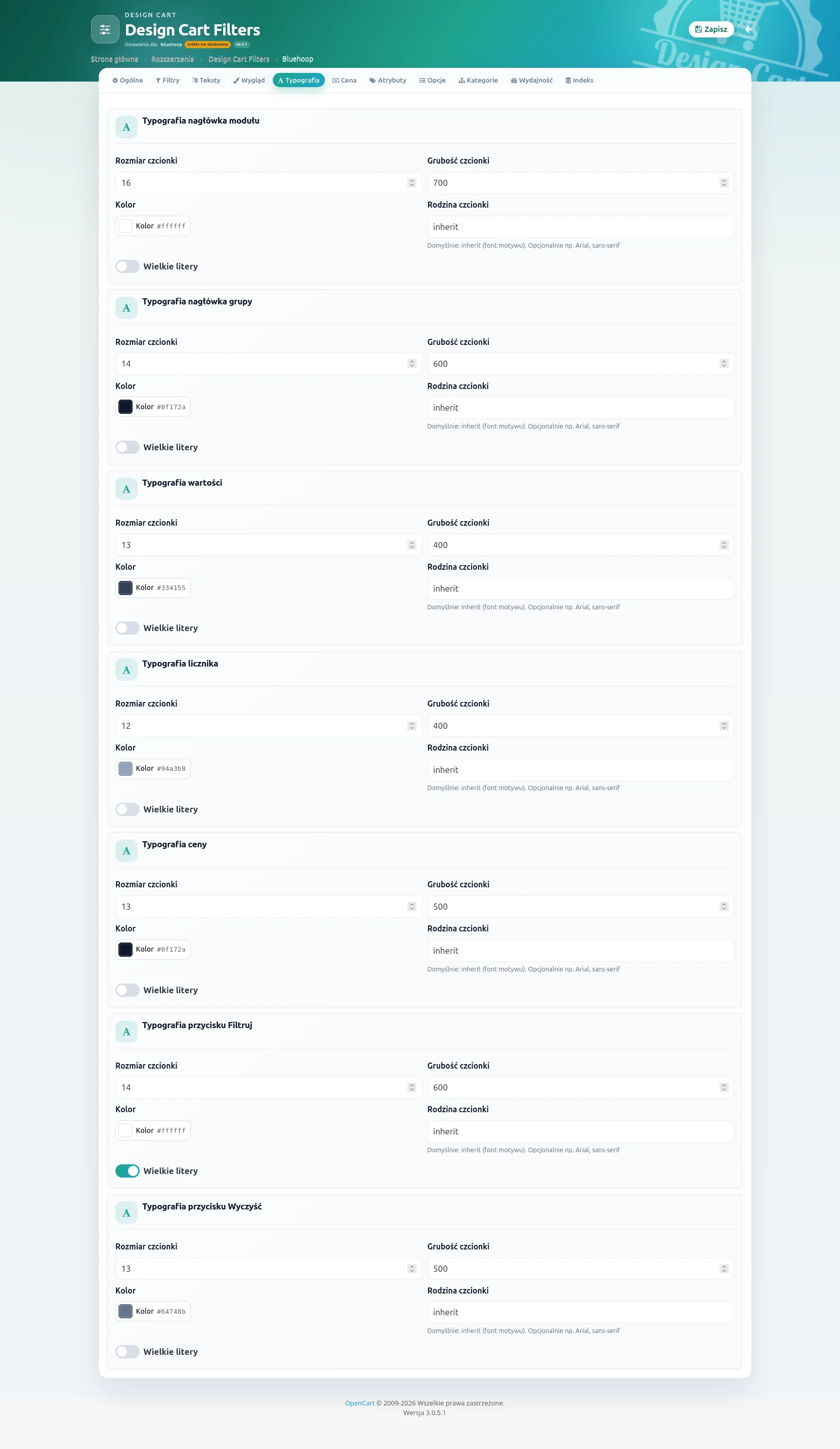 Screen: ustawienia typografii modułu