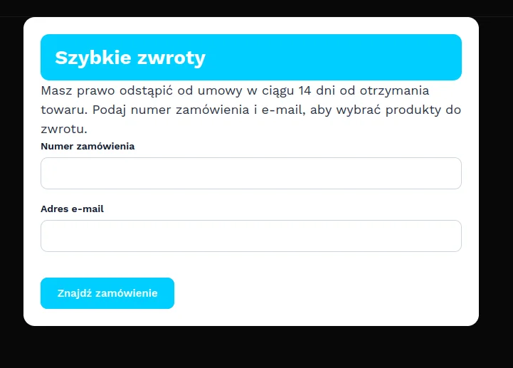 Screen: widok formularza zwrotów dla klienta niezalogowanego