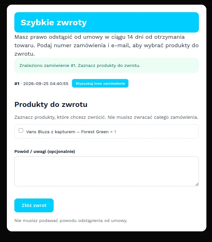 Screen: widok na drugi krok tworzenia zwrotu - możliwość wybrania konkretnego produktu, który chcemy zwrócić