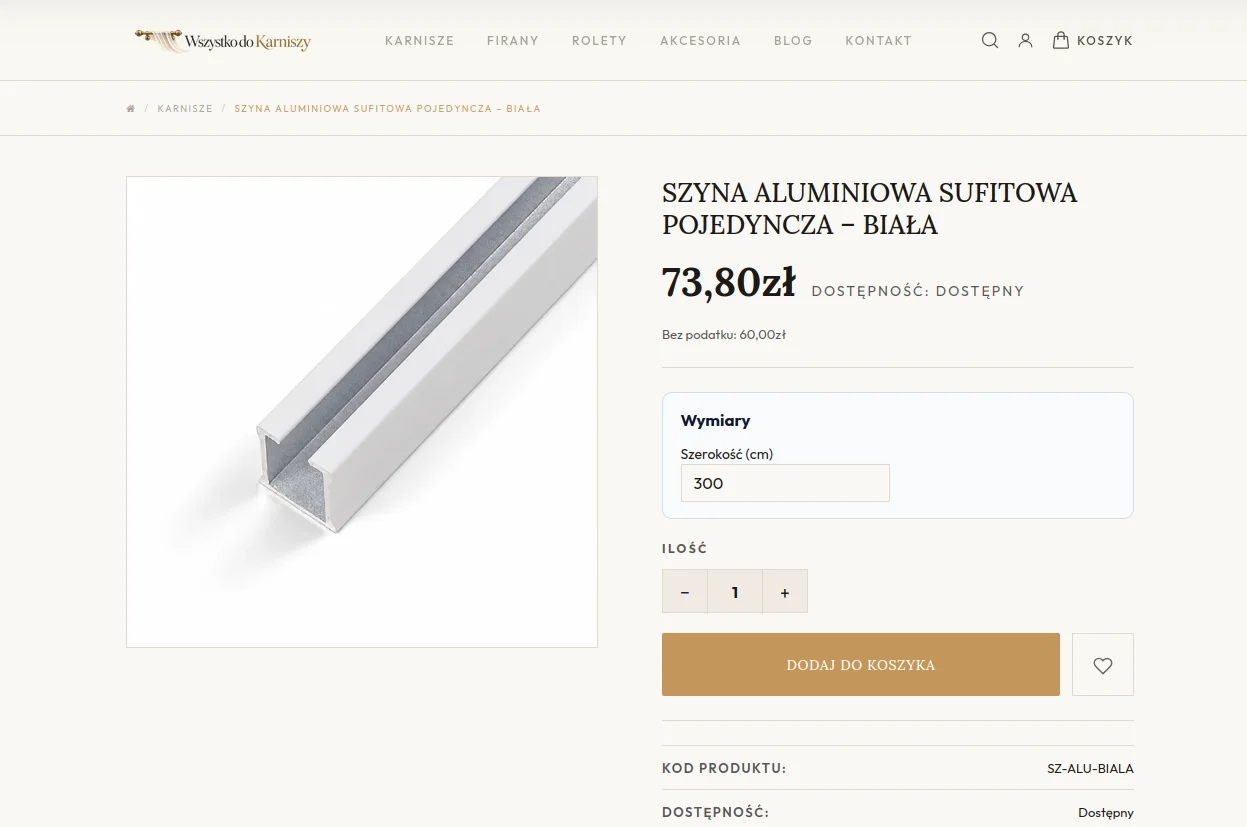 Screen: podgląd panelu wyliczania ceny na działającym sklepie internetowym