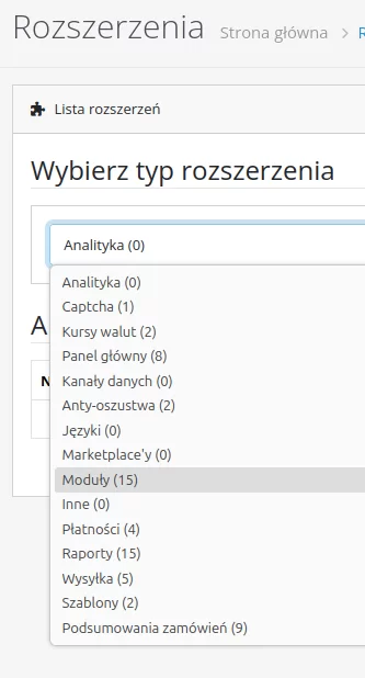 Lista typów rozszerzeń
