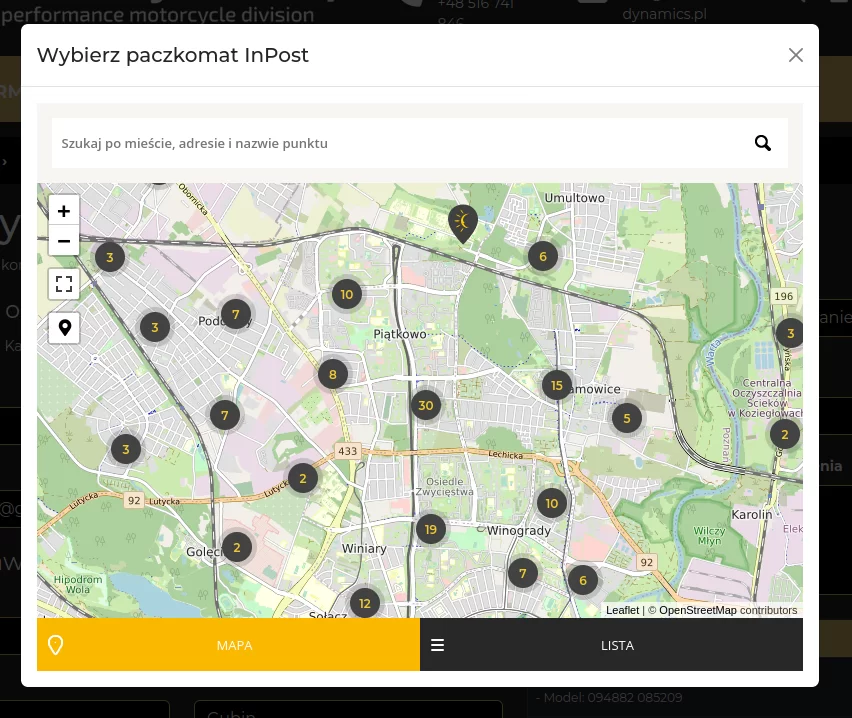 Wygląd mapy geo widget z możliwością wyboru paczkomatu