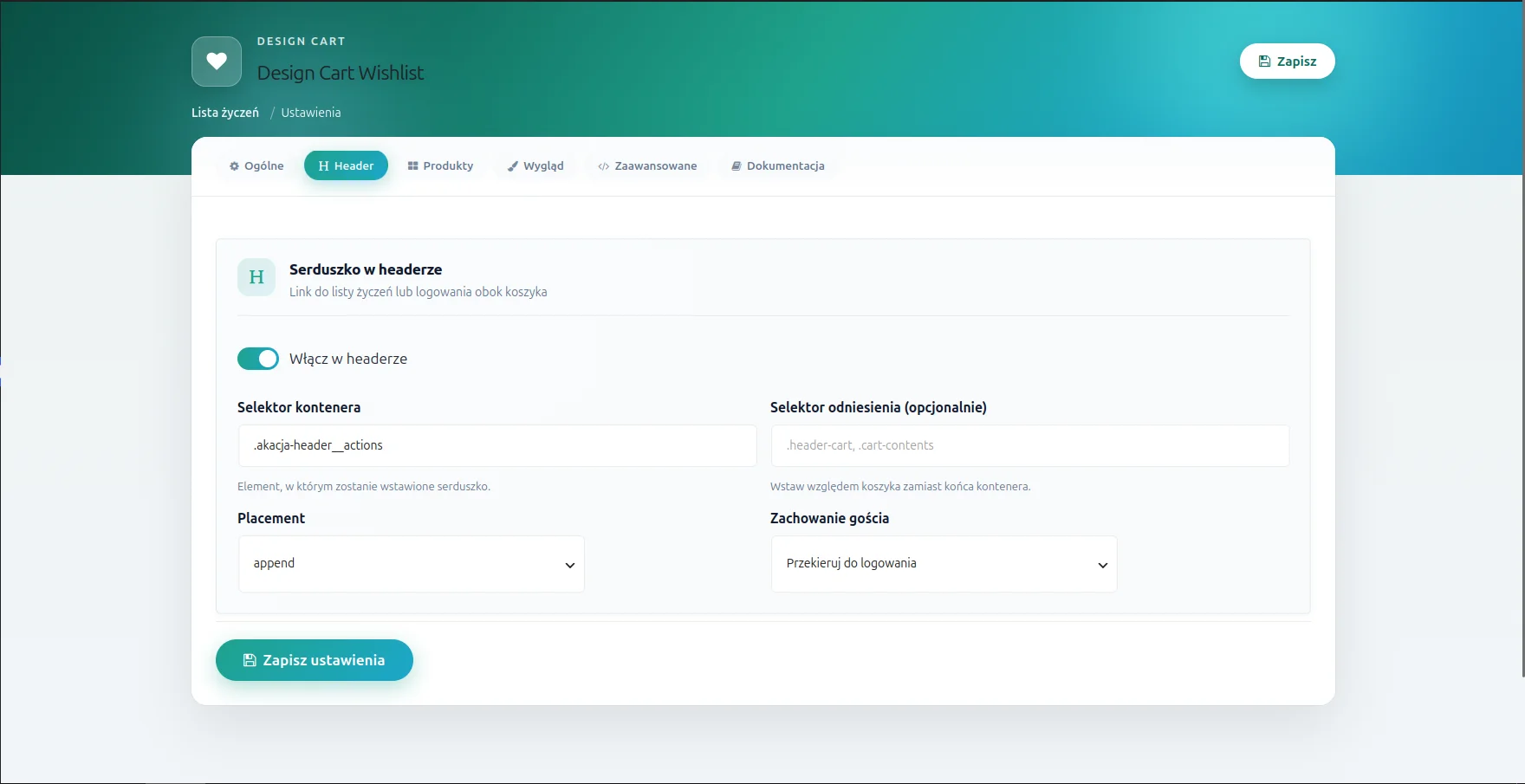 Screen: ustawienia - zakładka "Header"