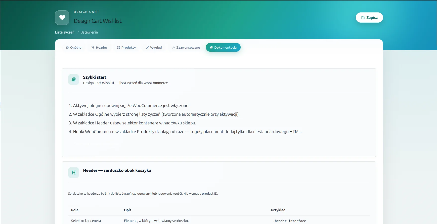 Screen: ustawienia - zakładka "Dokumentacja"
