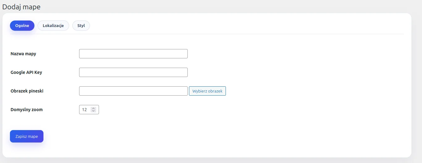 Screen: dodawanie mapy zakładka "Ogólne"