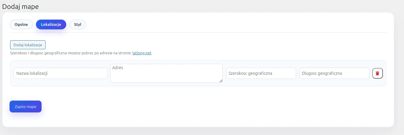 Screen: dodawanie mapy zakładka "Lokalizacje"