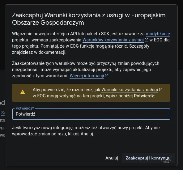 Screen: okno potwierdzenia warunków korzystania z usługi 